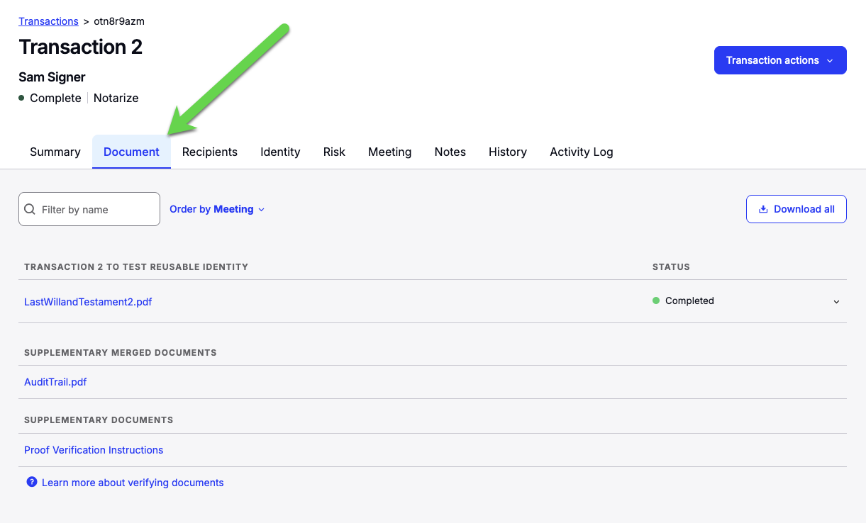 Screenshot showing the Document tab in transaction details with completed files ready for download