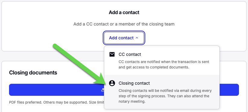 Screenshot showing Closing contact option in dropdown menu