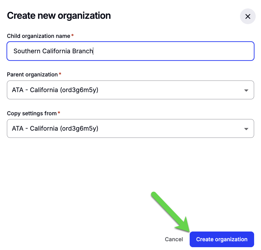 create organization button in the lower right corner