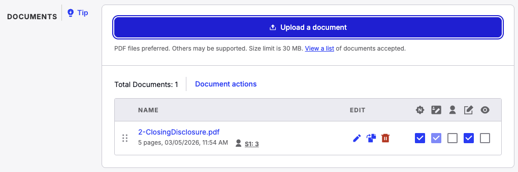 Document requirements shown to the right of the document name
