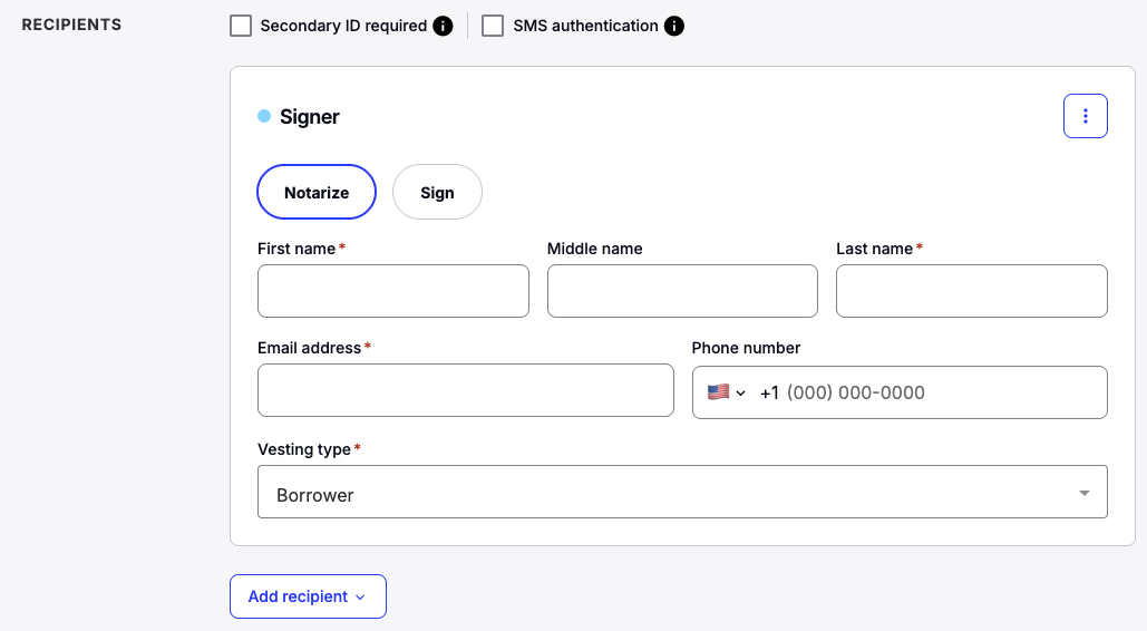 Recipients section of new transaction creation form