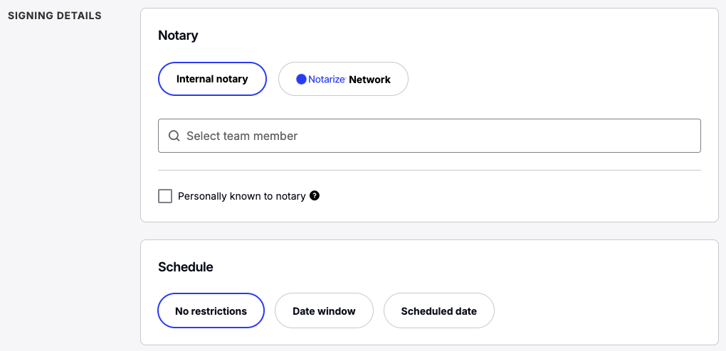 Signing details section showing notary meeting options