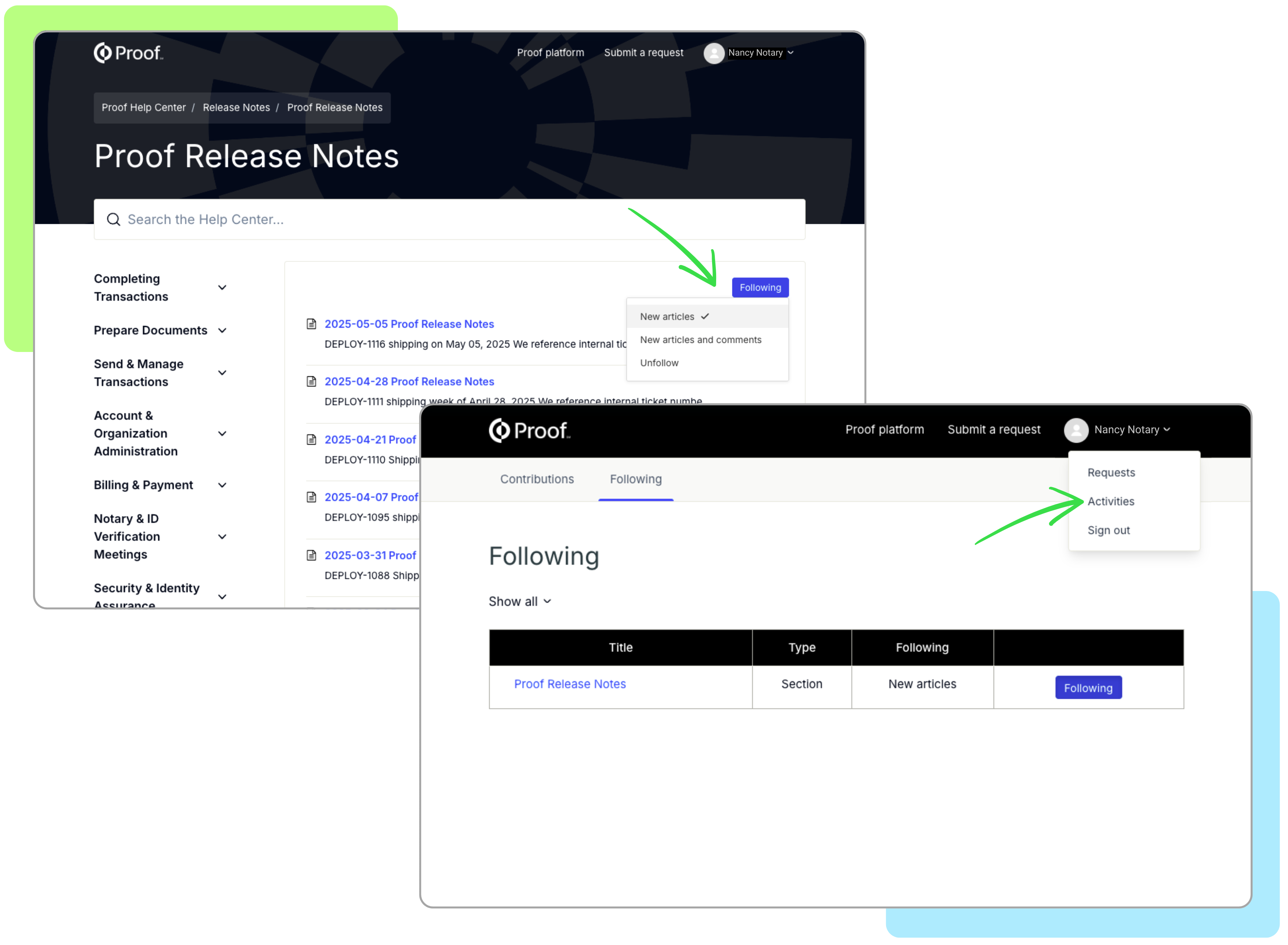 Viewing followed categories via avatar menu