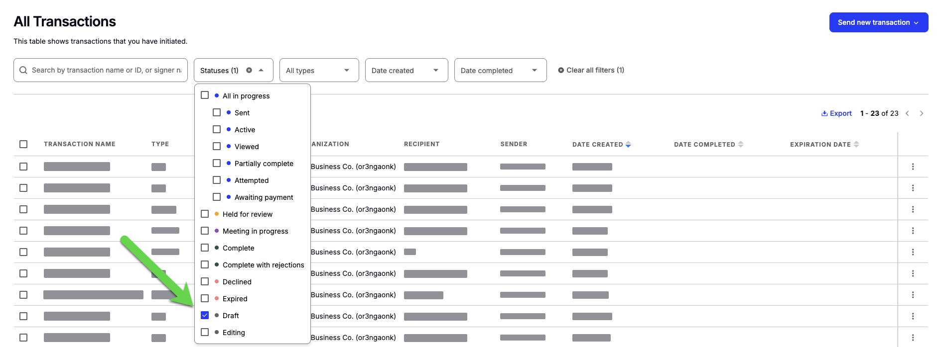 Transactions list filtered to show only Draft status