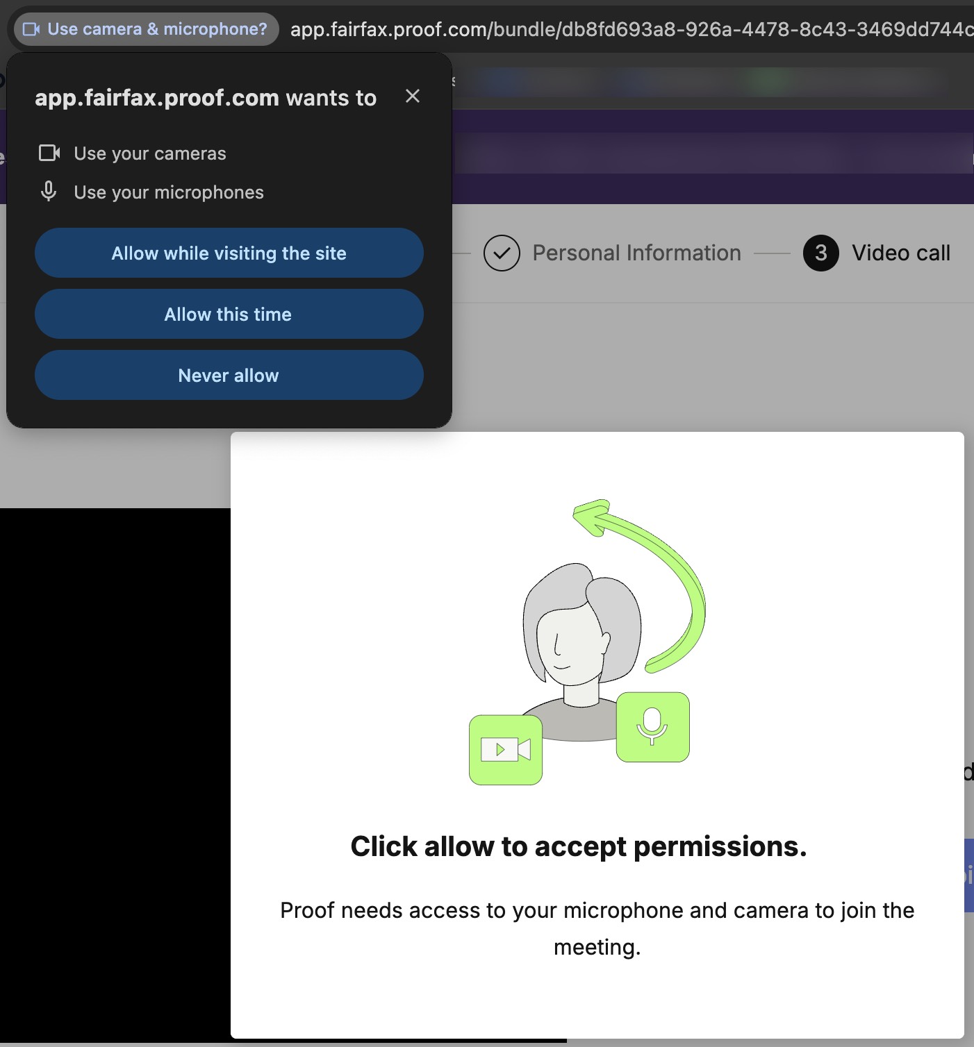 verify transaction allow camera and microphone permissions