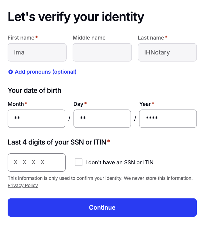 Identity verification screen