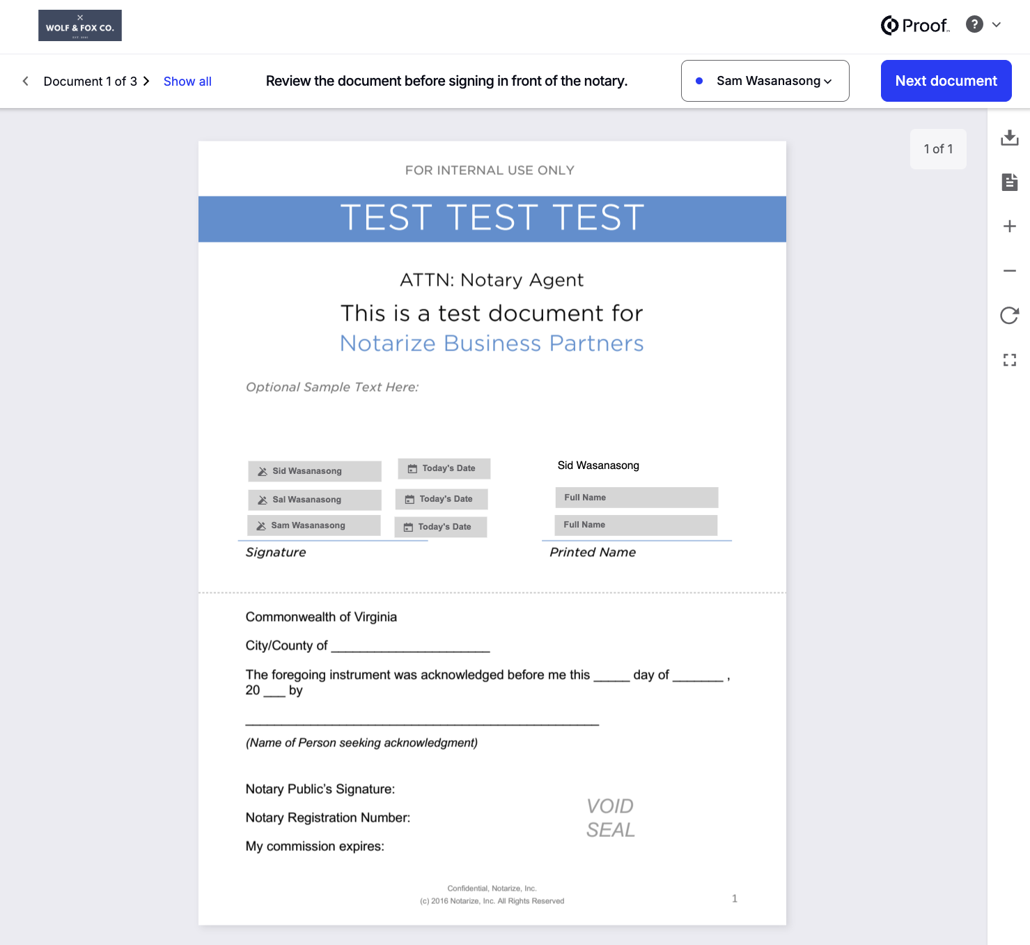 Document preview screen before the notary meeting