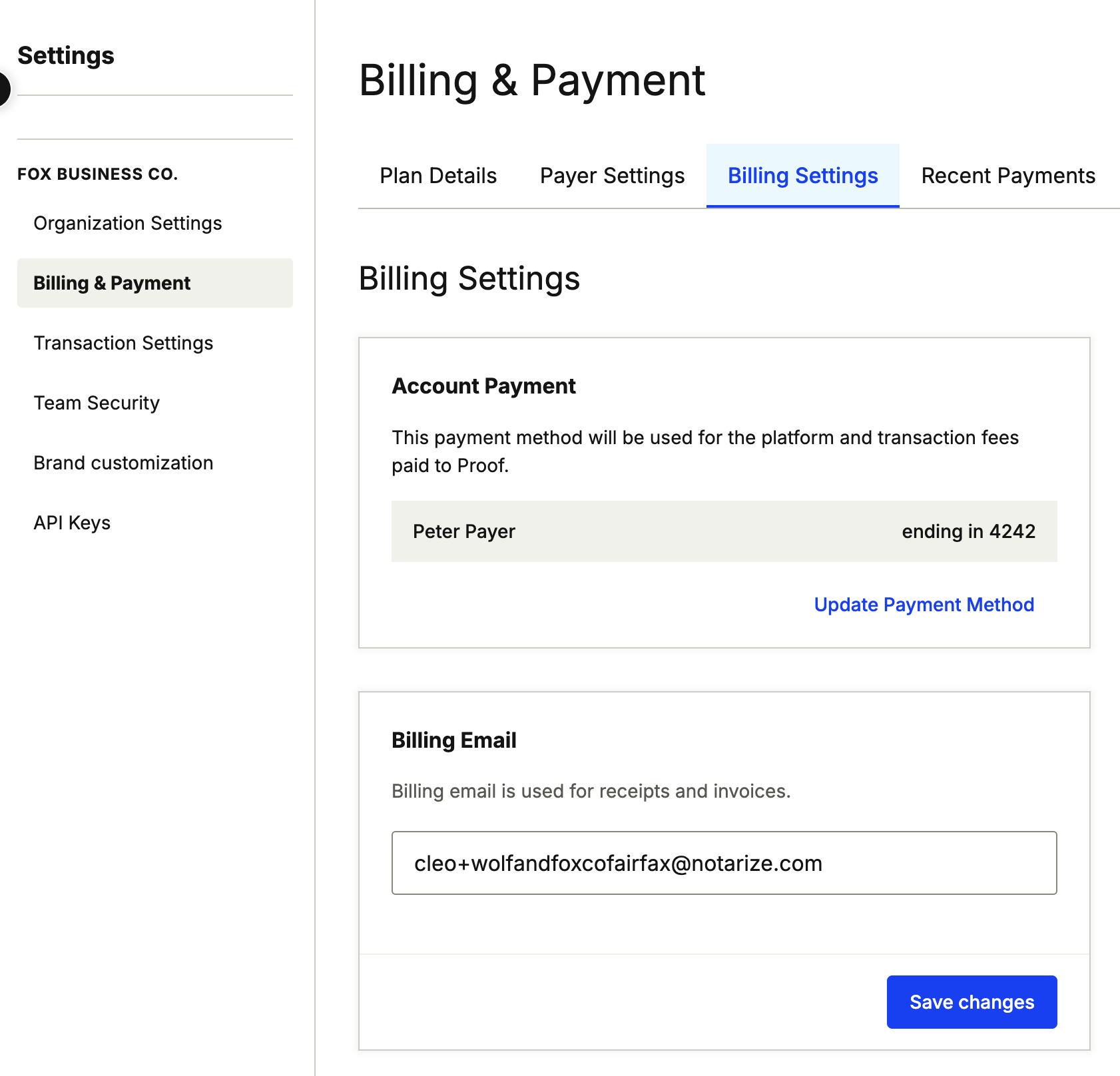 Billing settings section showing payment method and billing email fields
