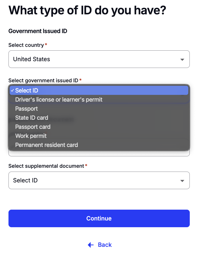 Select ID type dropdown menus