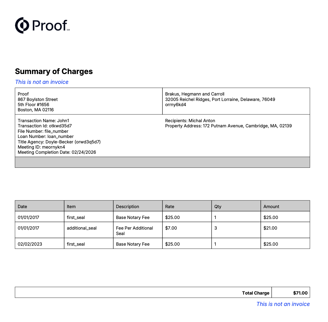 Example charge statement showing line-item fees for a real estate transaction, including remote online notarization fees.