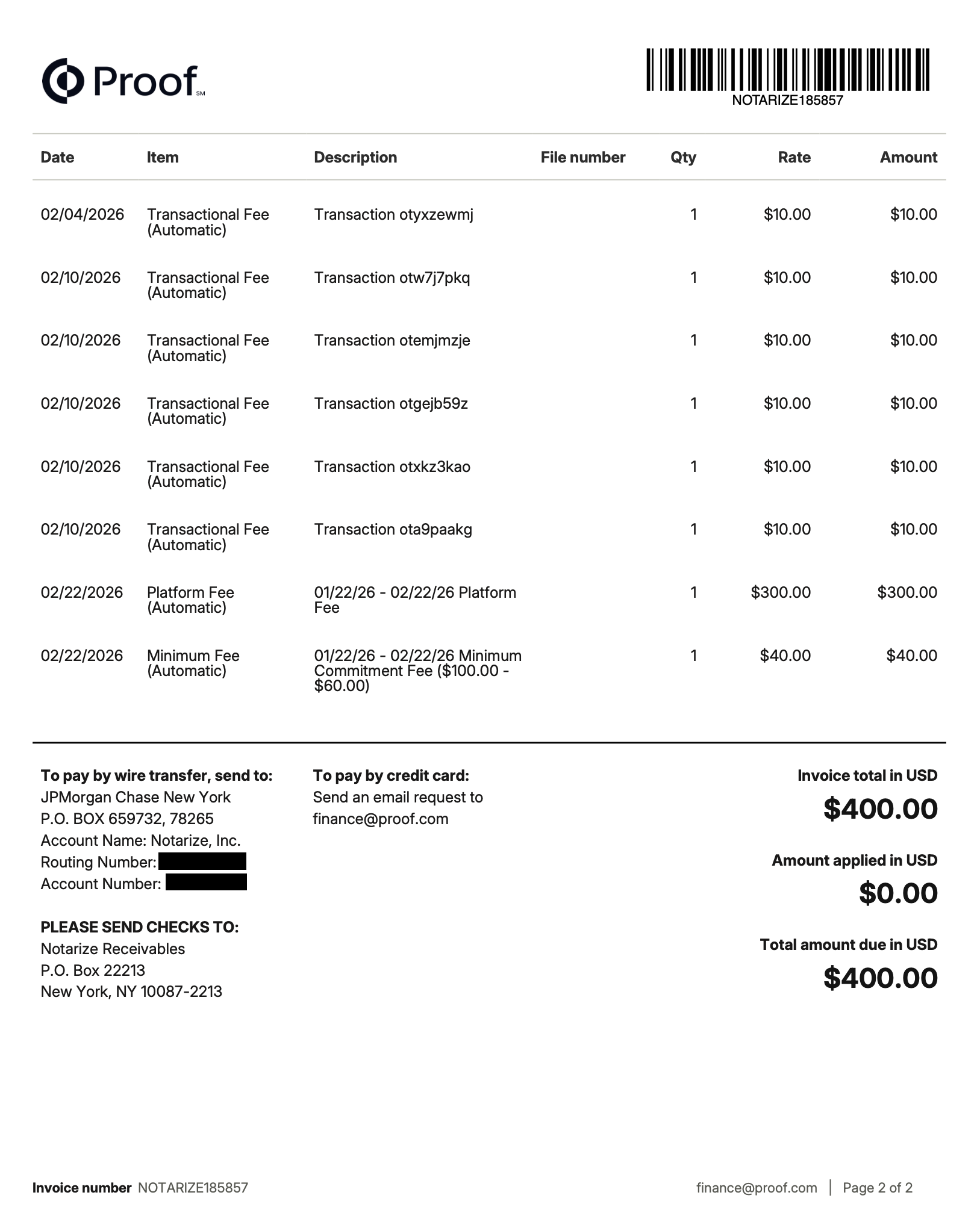 Final page of a batched invoice showing individual transaction line items