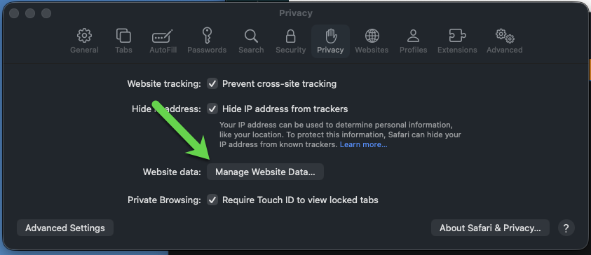 safari manage website data