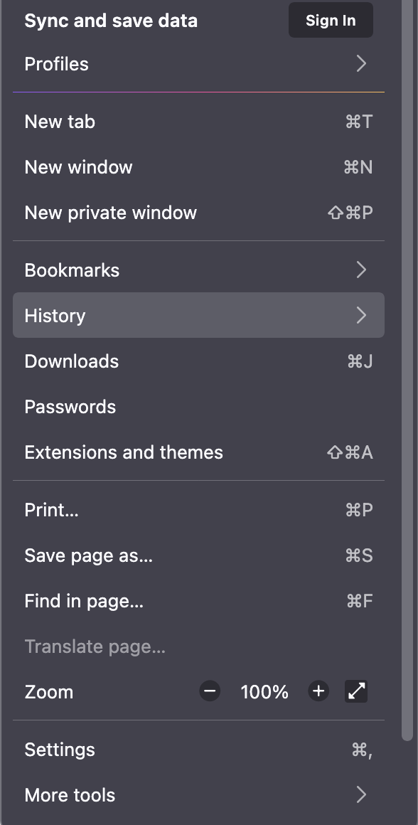 mozilla firefox main menu