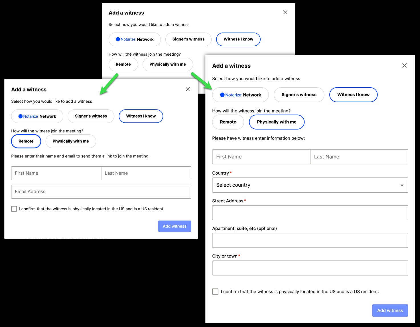 Add a witness dialog showing Witness I know selected with Remote and Physically with me options