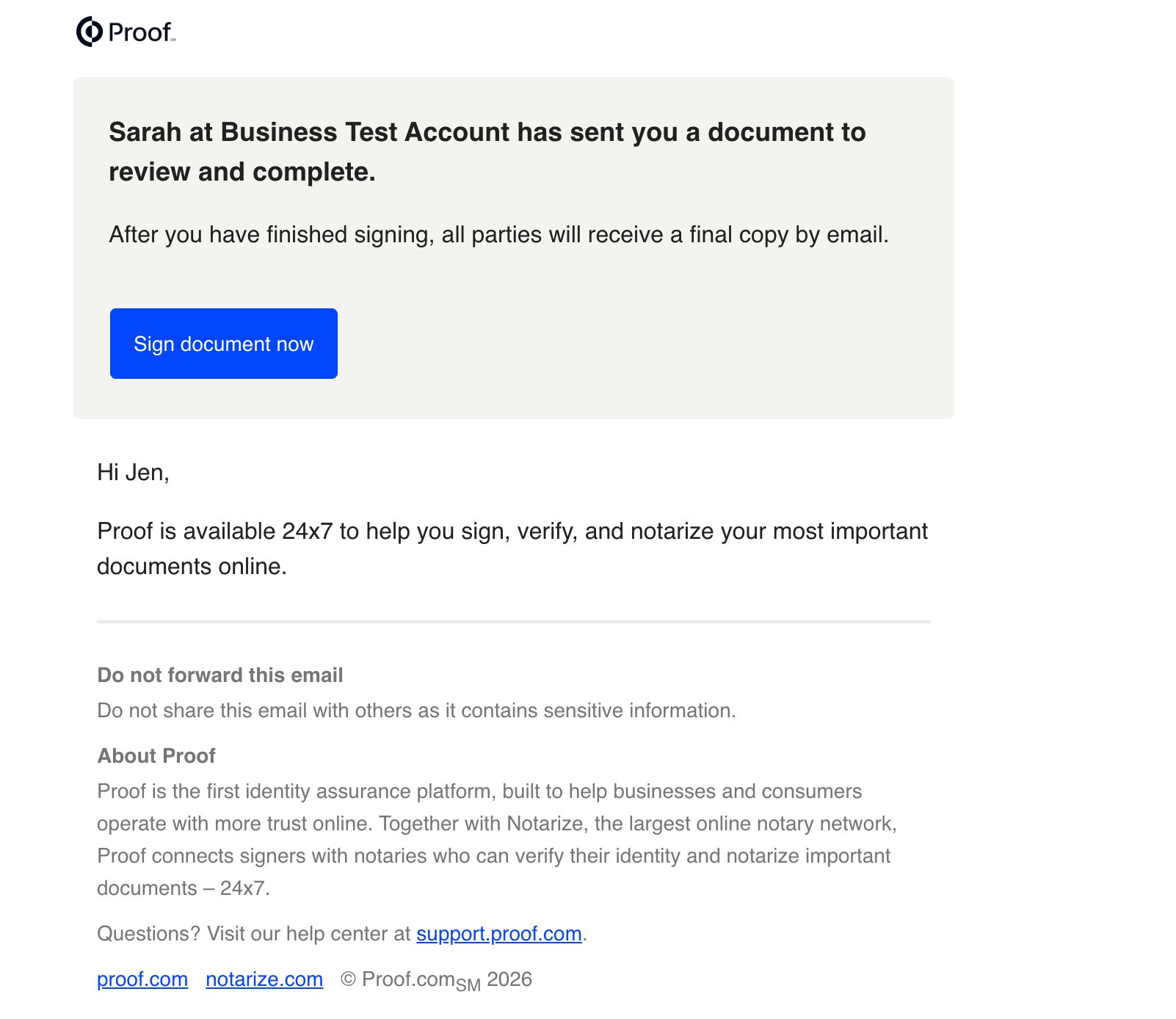 Proof invitation email with Sign document now button