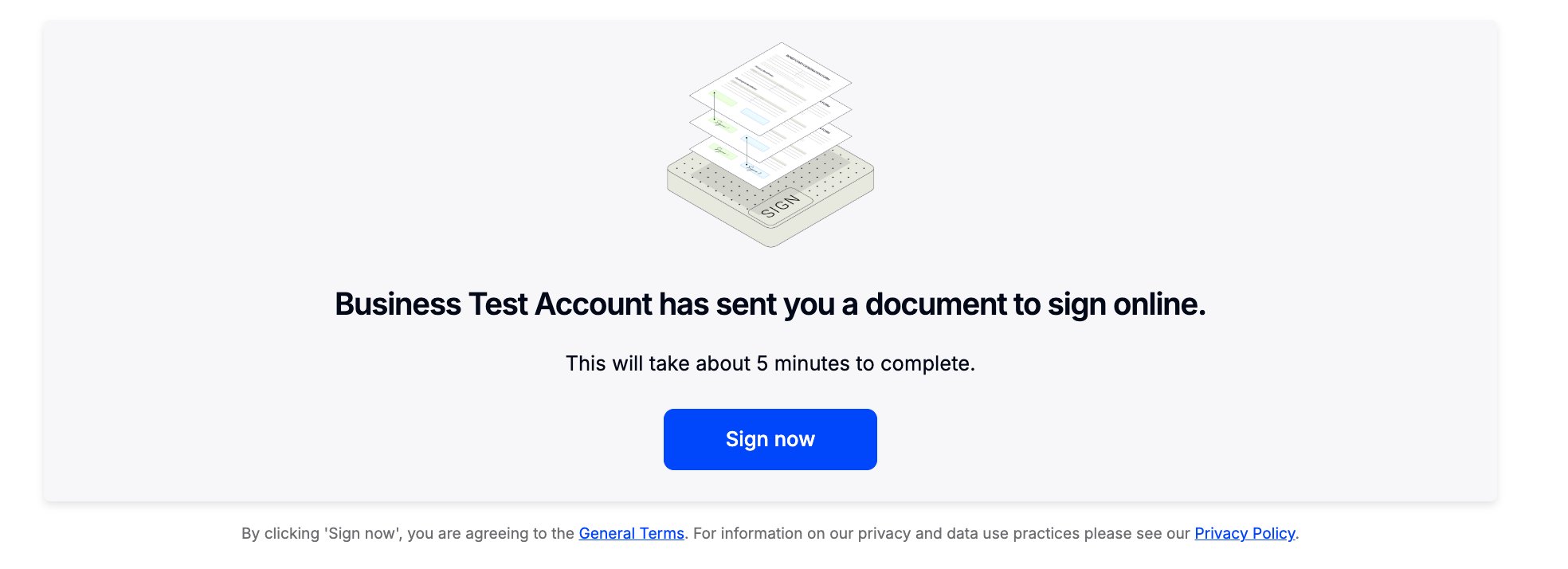 Sign now landing page showing document sent to signer with Sign now button