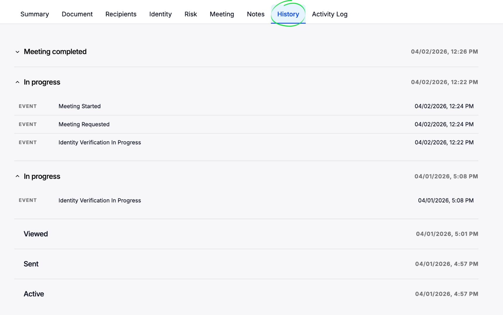 History tab showing transaction activity timeline