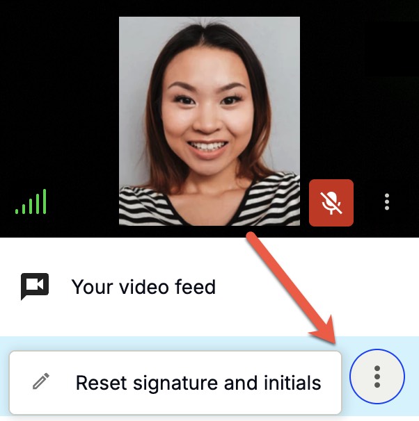 Meeting menu showing the Reset signature and initials option below a participant's name