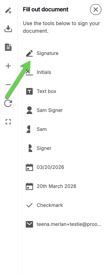 Tools panel showing Signature option