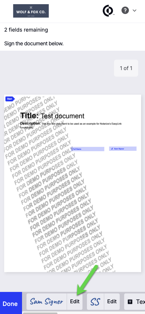 Mobile meeting menu showing Edit option next to signature and initials