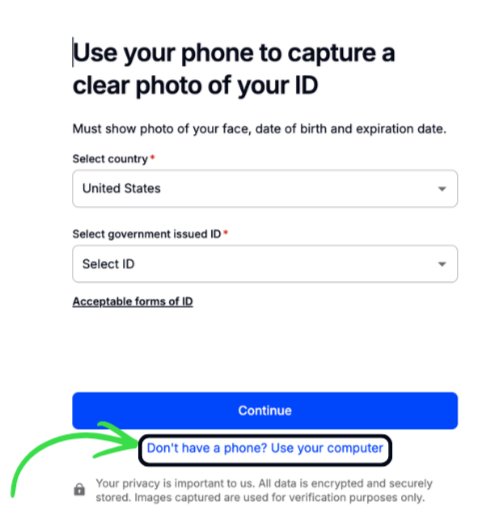 ID capture screen showing Don't have a phone? Use your computer link at the bottom
