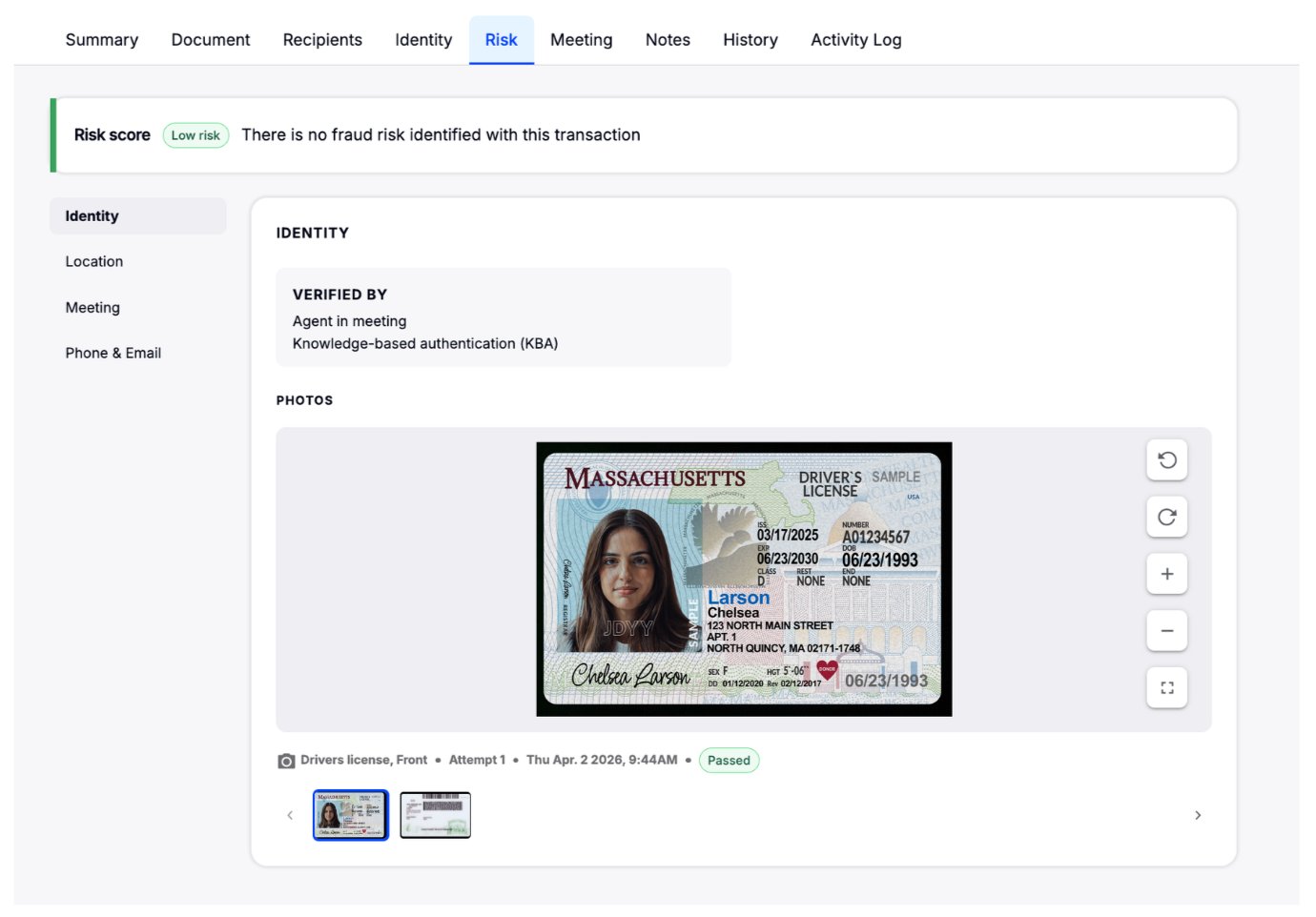 Risk tab Identity section
