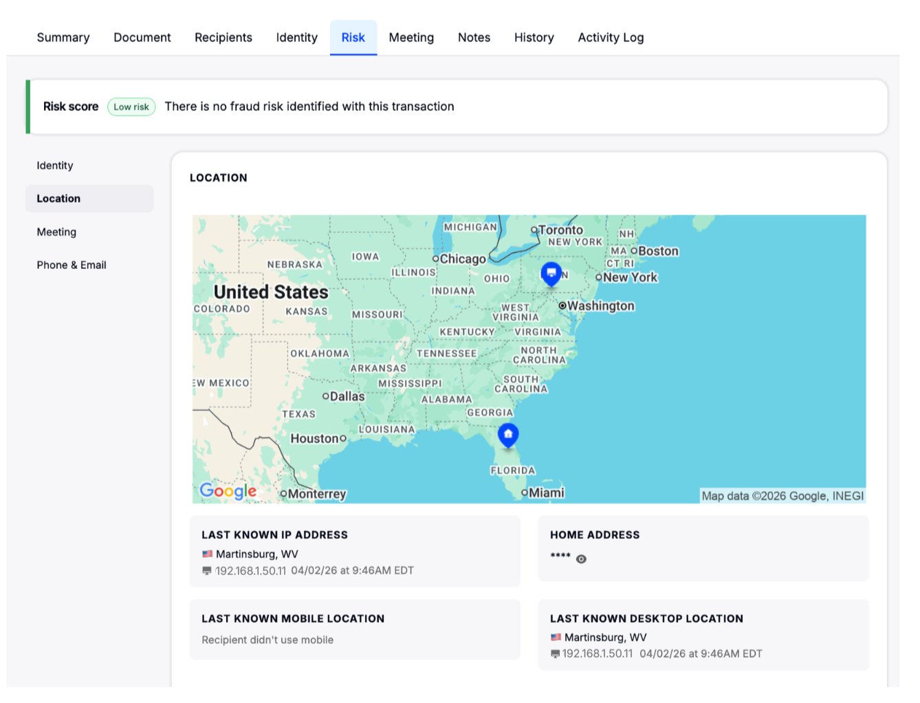 Location information on the Risk tab
