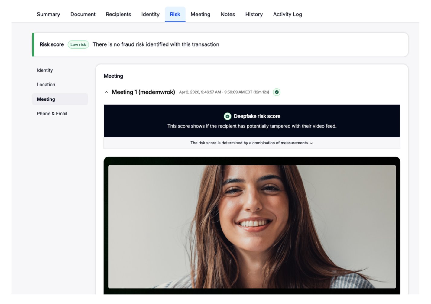 Meeting tab on the Risk tab showing deepfake risk score and meeting recording