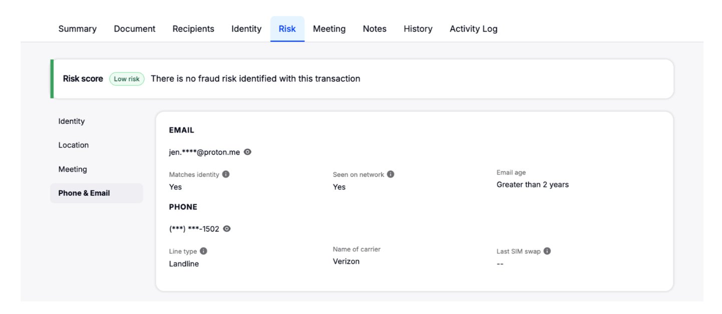 Phone and email Risk tab
