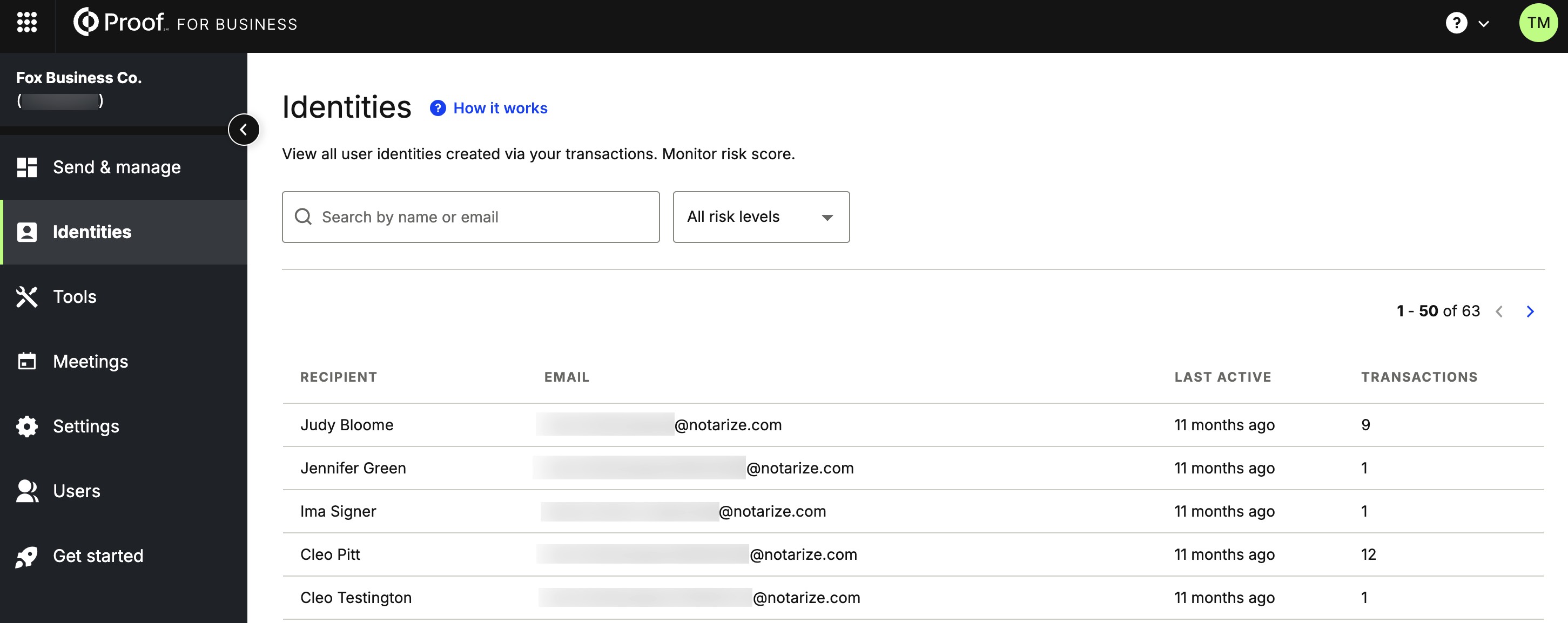 Identities option in the left navigation menu