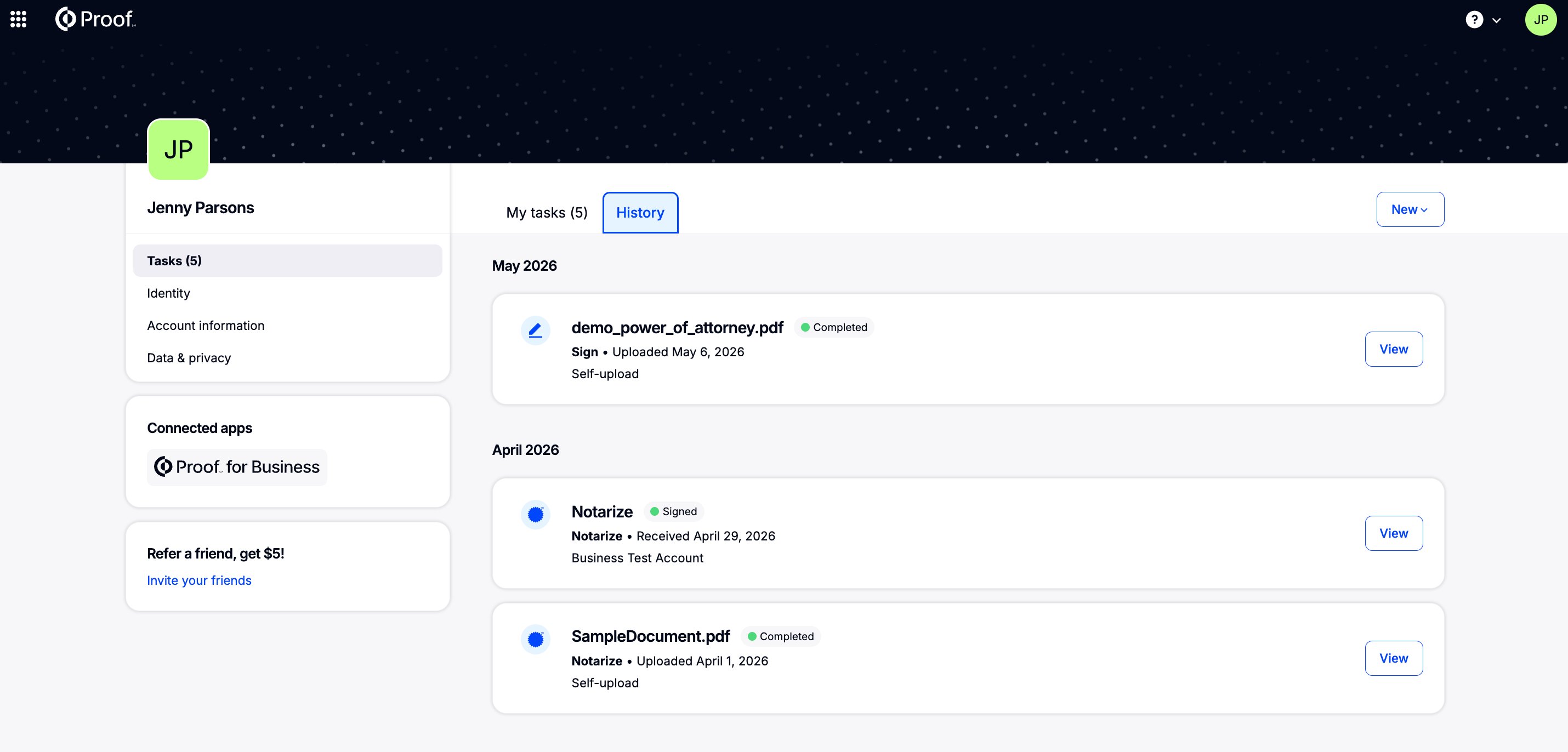 Signer dashboard showing View button