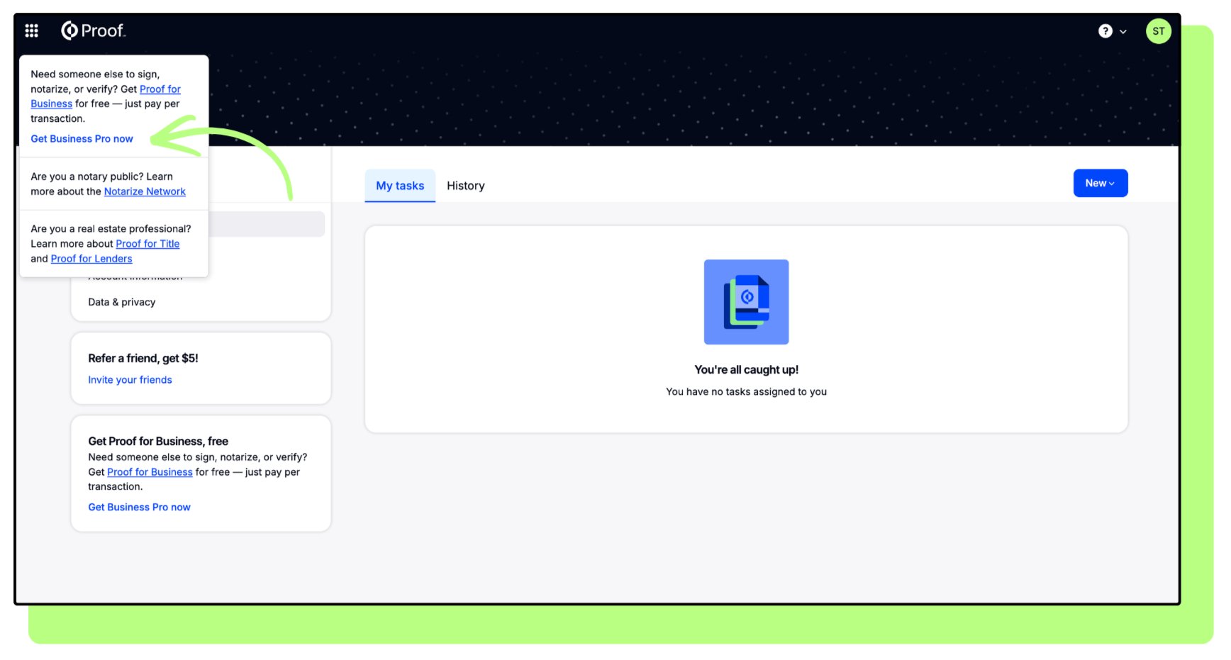 Grid menu open with Get Business Pro now highlighted