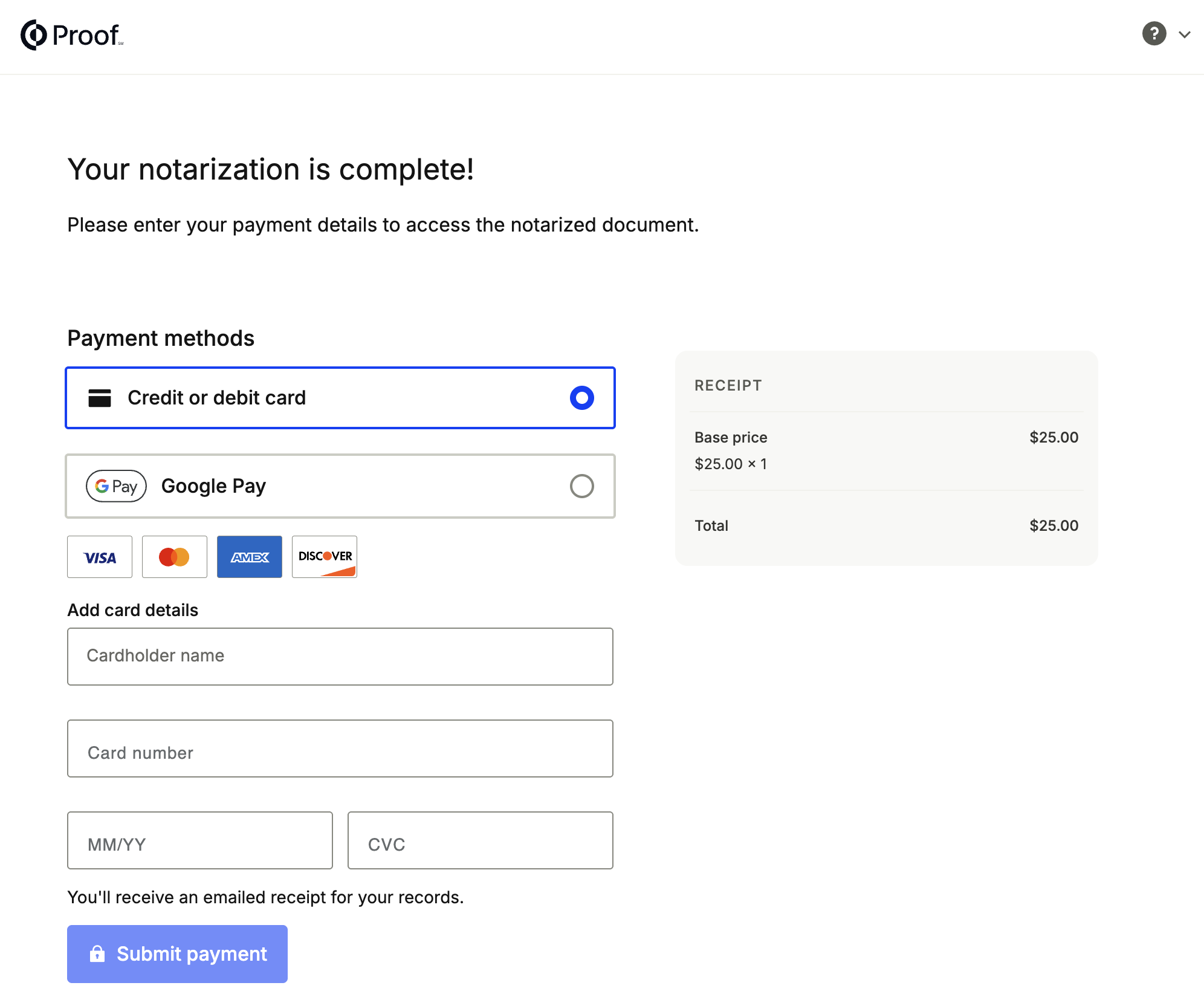 Credit card payment screen