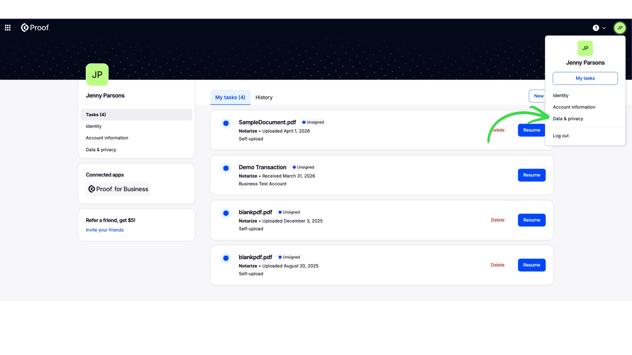 Initials dropdown menu with Data & privacy highlighted