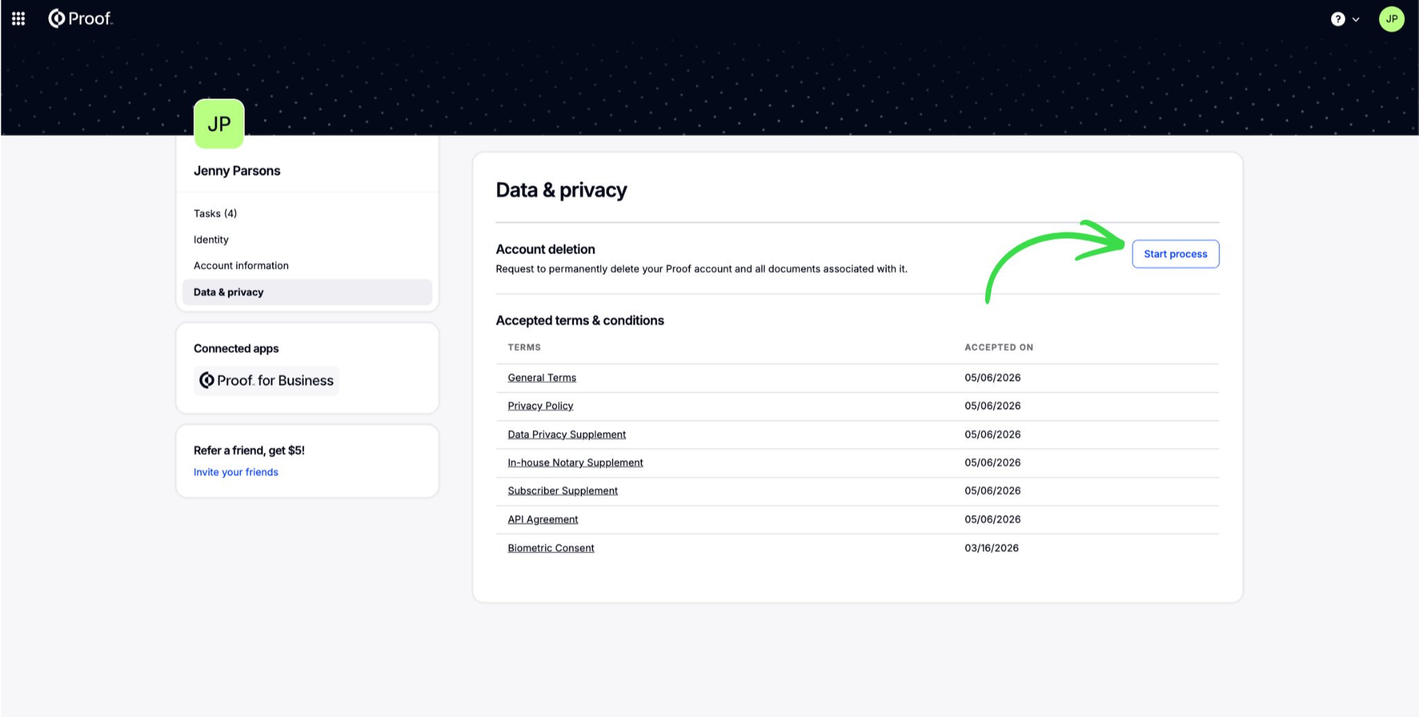 Data and privacy page with Start process button highlighted