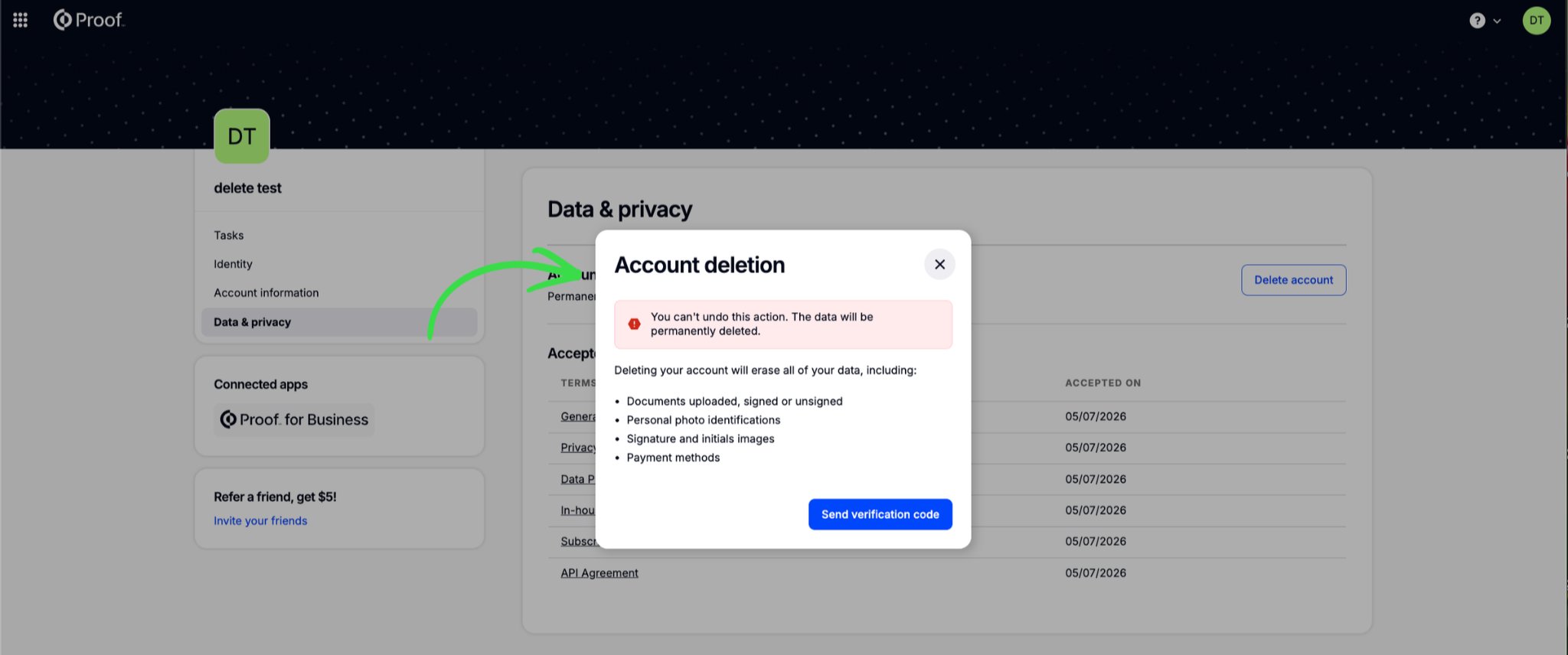 Account deletion prompt with Send verification code button