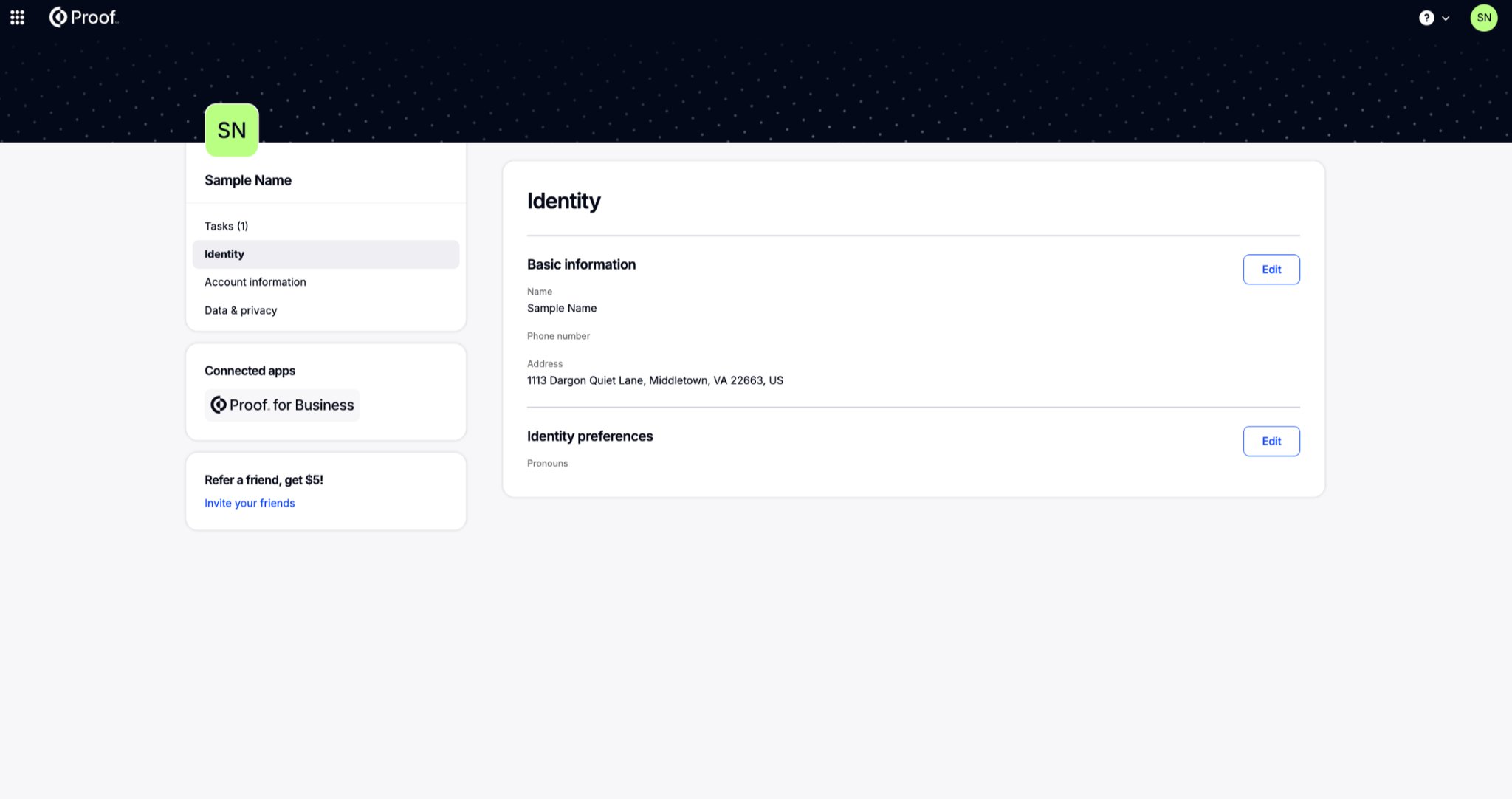 Identity tab for a user without a Digital ID showing basic information and identity preferences