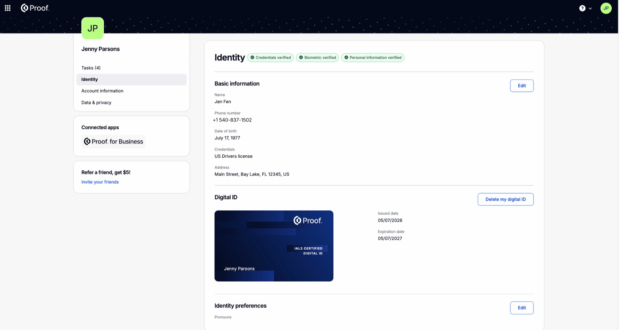 Identity tab showing verification badges, basic information, Digital ID card, and identity preferences