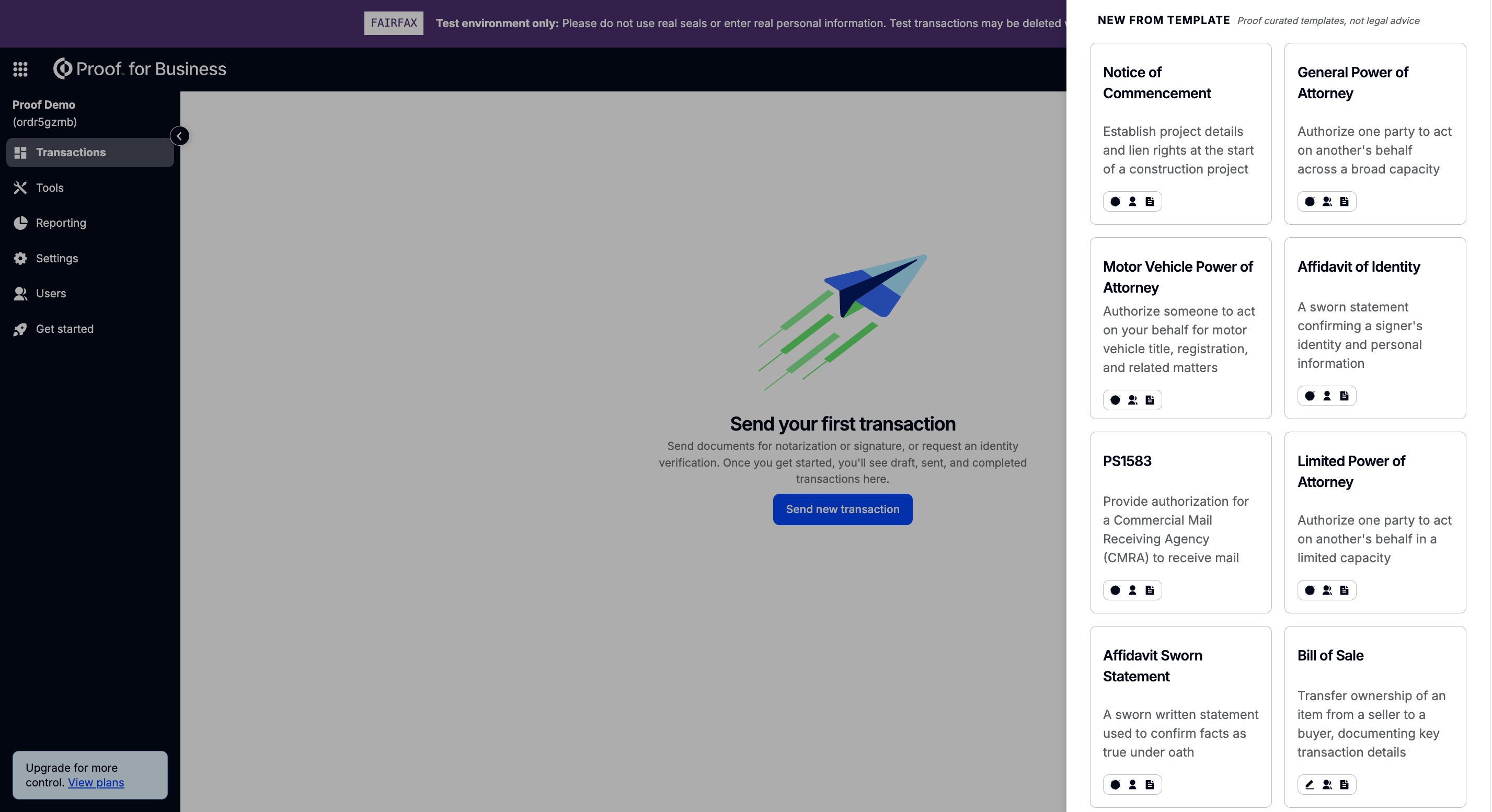 New from Template side drawer showing available transaction templates including Notice of Commencement, General Power of Attorney, Motor Vehicle Power of Attorney, and more