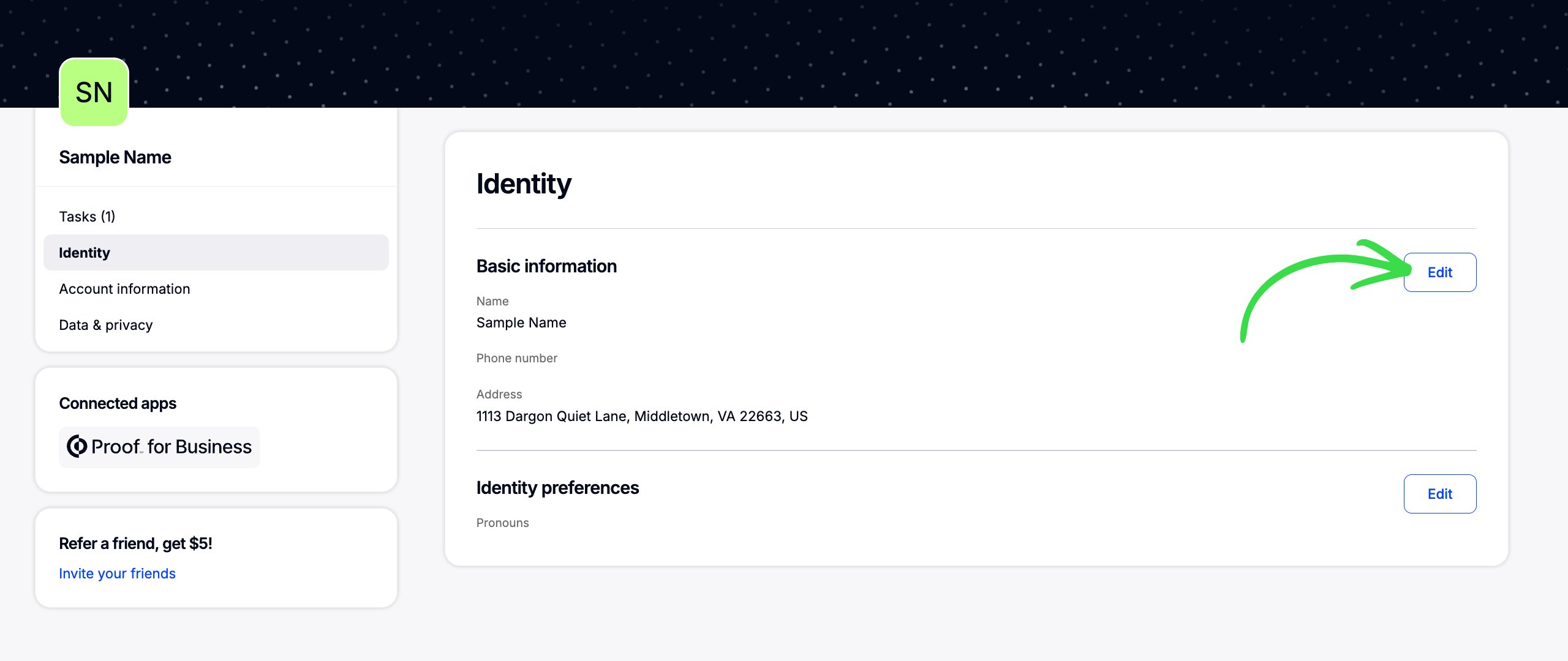 Identity page showing Basic information section with Edit button highlighted