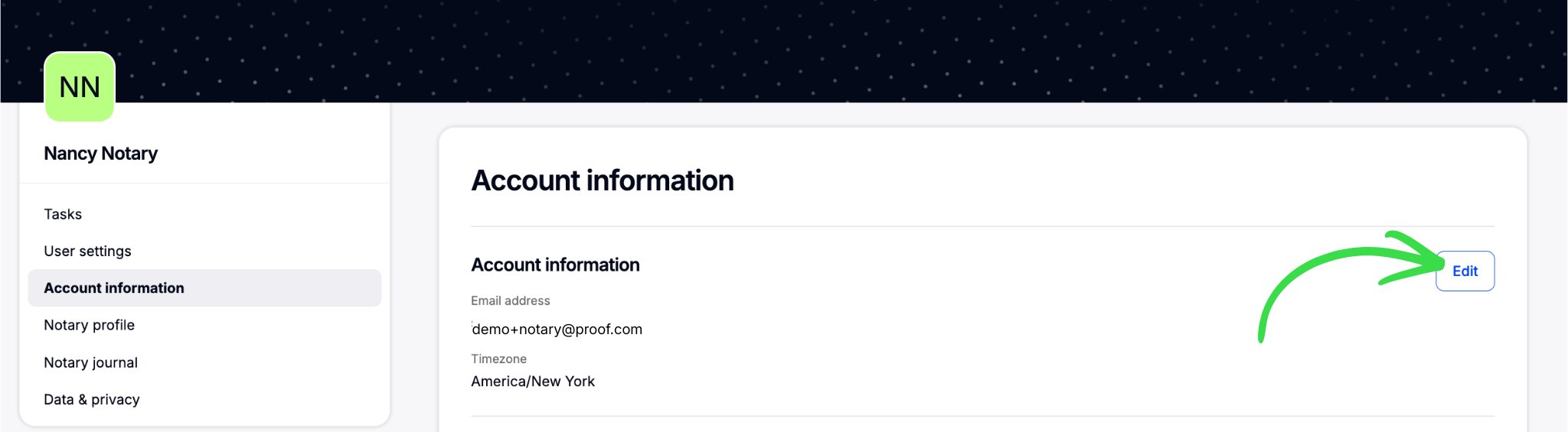 Account information page showing the email address field and Edit button