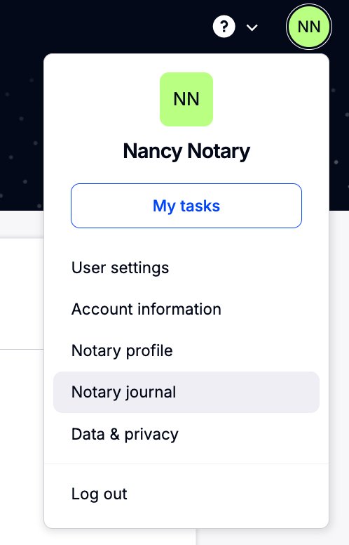 Notary account dropdown menu with Notary journal highlighted