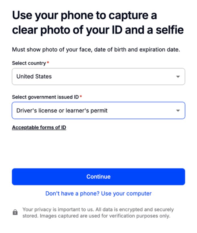 ID capture screen showing phone capture option with country and government ID type selectors for an Identify transaction