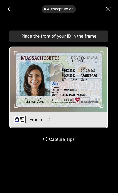 Front of ID capture screen showing Massachusetts driver license in frame with autocapture on