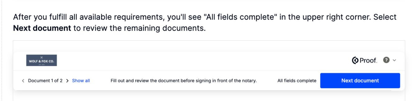 Document header showing All fields complete and the Next document button in the upper right corner