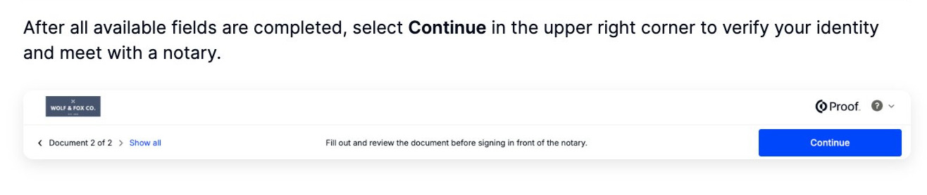 Document header showing Continue button in the upper right corner after all fields are completed