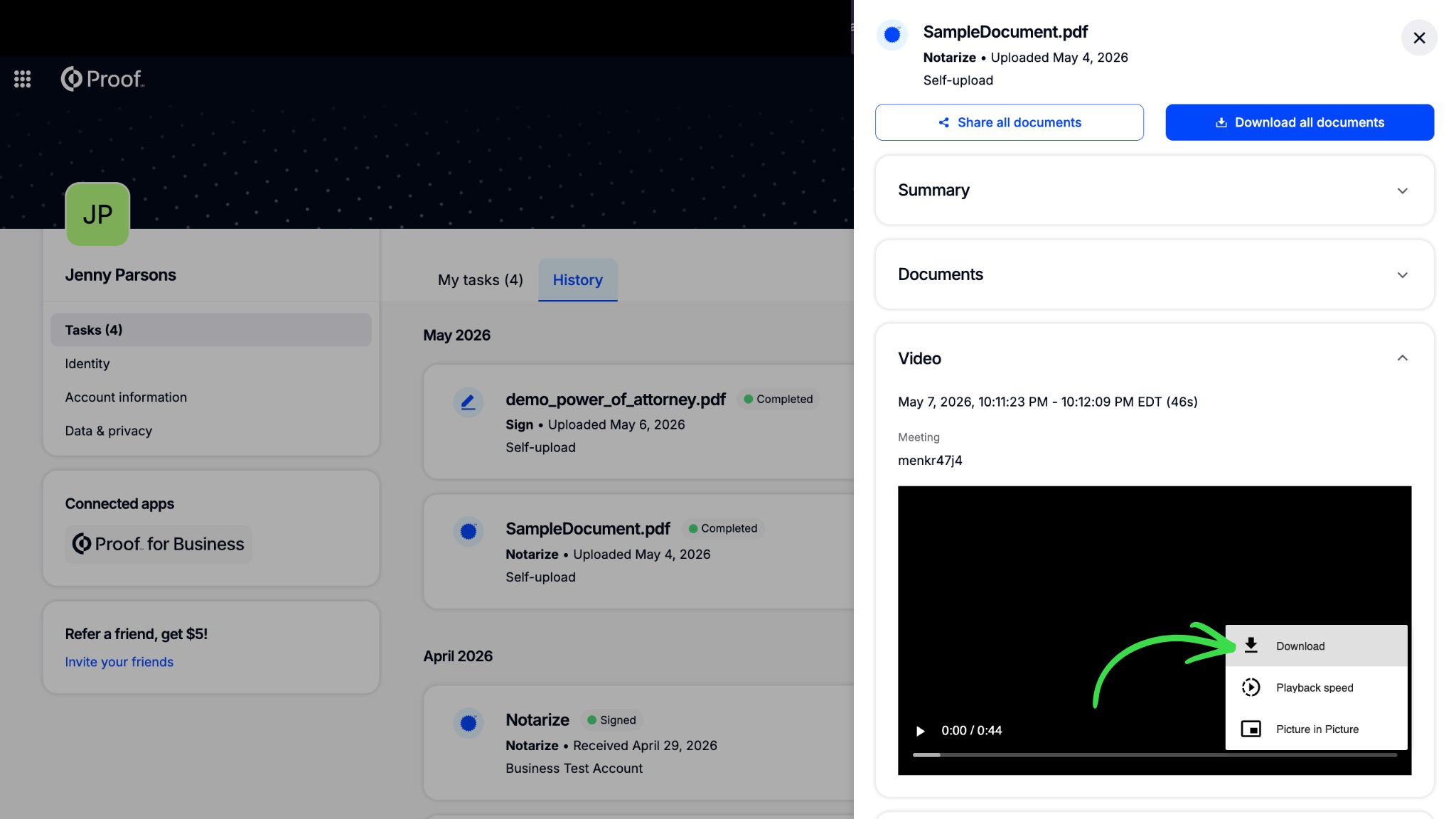 Document Details page with Video tab highlighted
