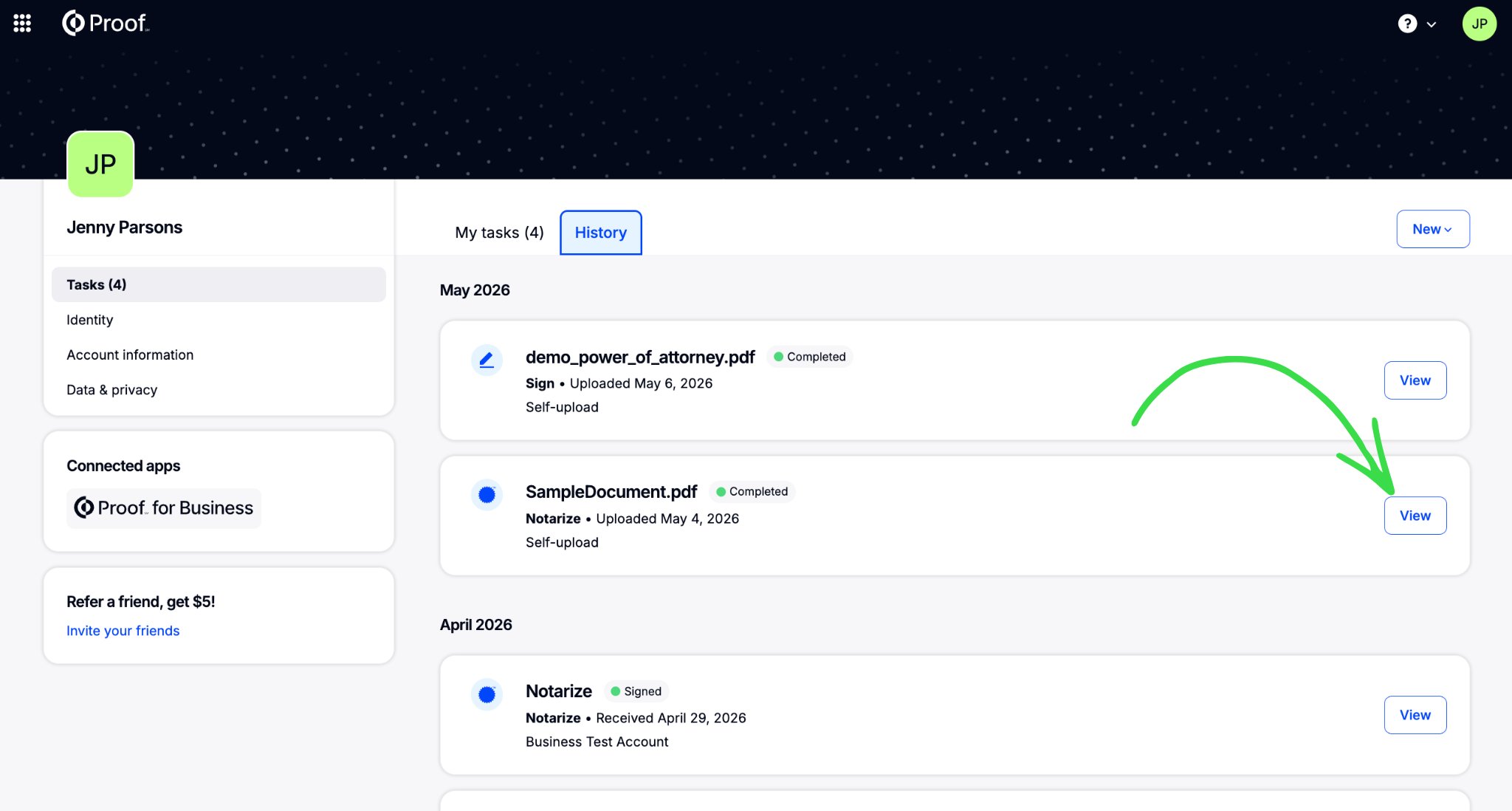 Completed transactions list with View button highlighted