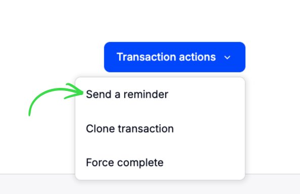 Transaction actions dropdown showing Send a reminder, Clone transaction, and Force complete options