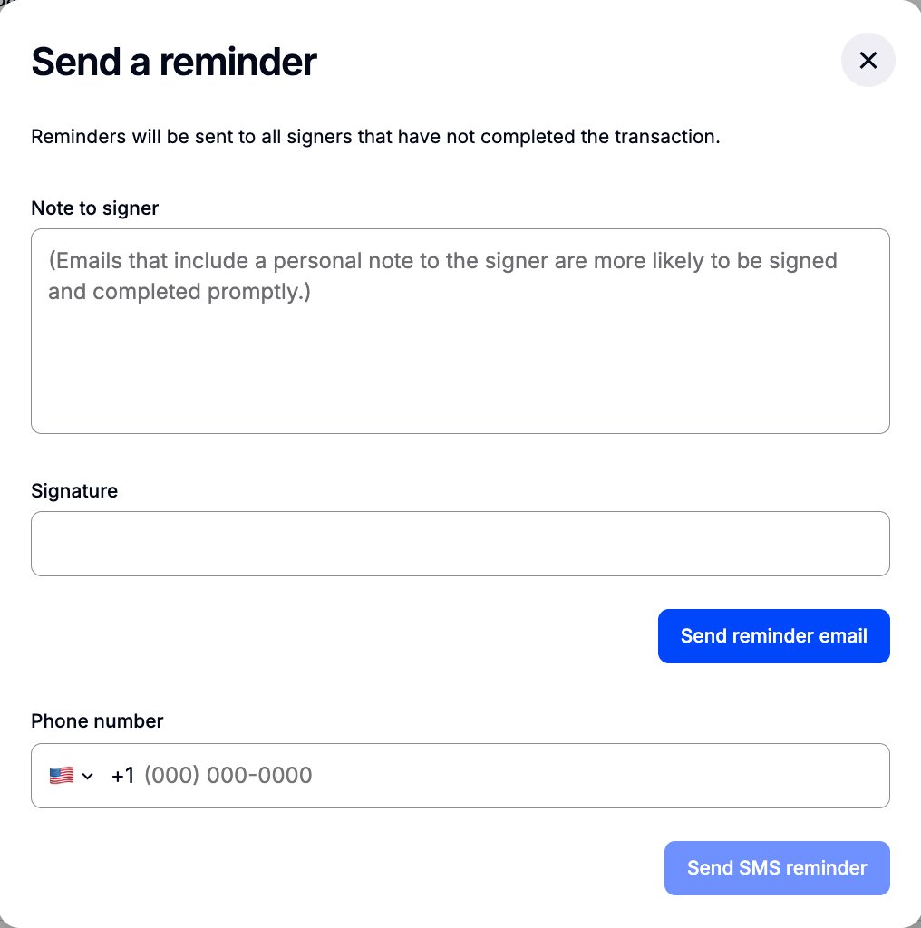 Send a reminder modal showing Note to signer field, Signature field, Send reminder email button, phone number field, and Send SMS reminder button